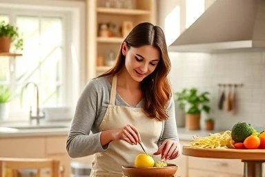 Home kitchen with woman preparing organic baby food